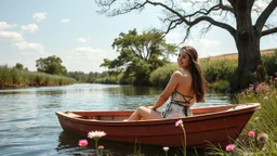 a beautiful lady in nice swim suit in pretty boat in river in country side next to river and big tree,wild flowers comming to camera