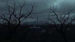 A dark, gloomy landscape with a city skyline in the background, surrounded by twisted, bare tree branches that seem to be reaching out. The city appears to be in a state of decay, with the buildings appearing worn and dilapidated. The overall atmosphere is one of desolation and decay