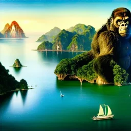 Drawing of 'King Kong on Skull island',aerial view, painting by Earl Norem, simon Bisley,frazetta,西嘛哒, evan lee, Vallejo,kelly oil on canvas, cinematic composition, extreme detail,fit full head inside picture,8k