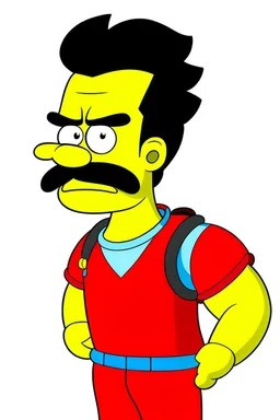 The Immortal from Invincible mixed with the face and moustache of Uncle Grandpa from Cartoon Network, he also has Homer simpsons hair. He has a red fannypack on the exterior of his outfit.