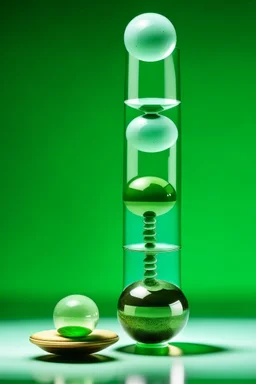 large and small glass balls balance on bamboo stems and stones of different sizes on top of each other, light green background, bright glow