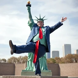 a photograph of the statue of liberty kicking a fat guy in a blue suits with a long red tie in the groin