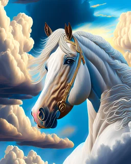 Dibujo animado de un caballo Palomino, calidad ultra, hiperdetallado, maximalista,, cielo con nubes pequeñas, 8 k