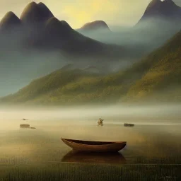 an incredible, stunning rice patties with small shanties, morning mist, mountains in the distance,8k, high-quality, ultrafine-detail, intricate, detailed matte, digital painting, artwork, brian froud, howard lyon, selina french, anna dittmann, annie stokes, Greg Rutowski