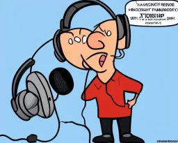 Animateur radio énervé, caricature, 1 seul personnage, micro, casque, note de musique, humour