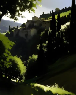 A dark black shadowy Italian city near a forest painted by John Singer Sargent