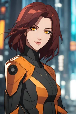 Woman with dark red and shoulder length hair, vivid amber eyes, futuristic clothes, smirking, grinning, mall background, RWBY animation style