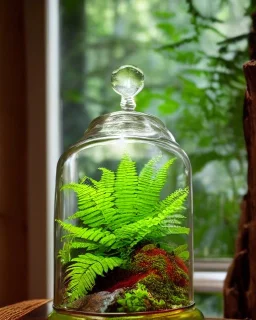 lush fern rainforest in a bell jar, symmetrical, warm colors, warm lighting, linen backdrop