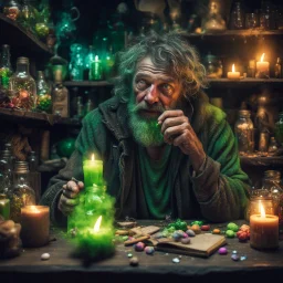 crazy homeless man drinking green potion, magic shop, magical treats and candy in jars, magical books and wands everywhere very dark room, candle light, bright vibrant colors, glowing sparkle particles, dark tone, sharp focus, high contrast, 8k resolution, incredible depth, shallow depth of field, dramatic lighting, beautifully intricate details, clean environment, epic dynamic scene