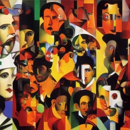 collage of imaginary characters, Dada, Surrealism, by artist “Raoul Hausmann", by artist "Francis Picabia," complementary colors, analogous colors, perspective, deep focus, centered, crisp, clear, high resolution"