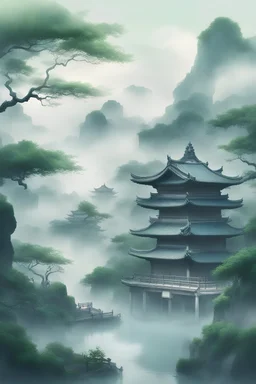 Jiangnan, green wind, clouds and mist, a little tender green and blue, ancient style, poetry and illustration, very clear and delicate. There are no pavilions.