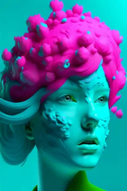 Girl face with cyan rubber effect in all face with pink sponge algae hair