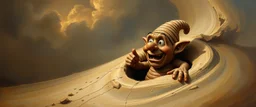 master oil painting by Rembrandt, good afternoon clay golem peeking out of a sand twister whirlwind, in the style of disney