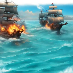 two pirate ships fighting each other at sea. They fire cannons at each other and one ship is hit and burns.