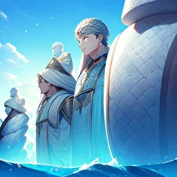 two huge stone statues are visible from the water, detailed portrait, White light, two men, stone