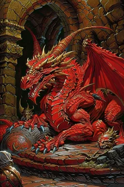 a sleeping huge red dragon guarding af treasure. style of Larry Elmore.