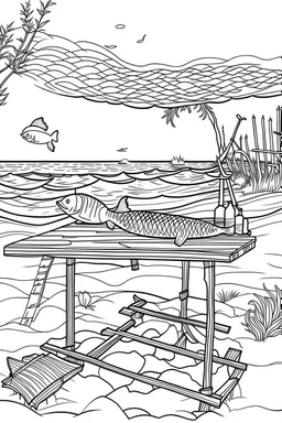 Outline art for coloring page, PICNIC TABLE WITH FISH AND NETS ON A HAWAII BEACH, coloring page, white background, Sketch style, only use outline, clean line art, white background, no shadows, no shading, no color, clear