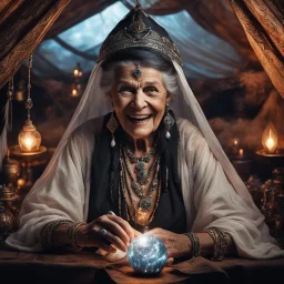 Hyper Realistic photographic-view of Terrifying-Old-Fortune-teller angrily-smiling with black-beed-necklace-&-bracelet Looking at her crystal-ball glowing magically & sitting in her tent decorated with fancy-traditional-ornaments-&-feathers showing dramatic & cinematic ambiance"