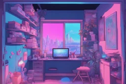 a drawing of the girl's room is adorned with neon and light up posters, in the style of anime aesthetic, webcam photography, studyblr, psychadelic surrealism, ultra detailed, trenchcore, use of screen tones