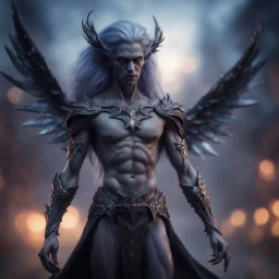 star born dark elf grey angel nephilim vampire with ornate bow, muscles and big wig, Guiding souls through twilight, where the shadows flee In this realm of aftermath, phantoms softly tread Following the will-o-wisp, where the lost are led ,bokeh like f/0.8, tilt-shift lens 8k, high detail, smooth render, down-light, unreal engine