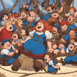 it's a scene from Gulliver where the giant is a woman: she's tied up and tickled by lots of dwarfs, she wriggles and writhes with laughter, she's on the ground, surrounded by ropes, with the dwarfs tickling her relentlessly.