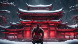 Hyper Realistic muscular-samurai training outside a Dark-Abandoned-Red-Colored-detailed-crafted-Chinese-Temple Almost Covered in Snow at dark-snowfall-night