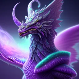 purple mythical creature in galaxy, teal and purple smoke, detailed, realistic, 4k