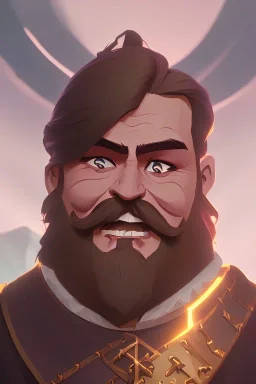 Medieval Fantasy Bearded strong man wearing a thick fur-lined merchant's coat, wearing gold rings, divine, halo, happy smiling, portrait, high definition, realistic, long hair, dynamic lighting, volumetric lighting, mustache