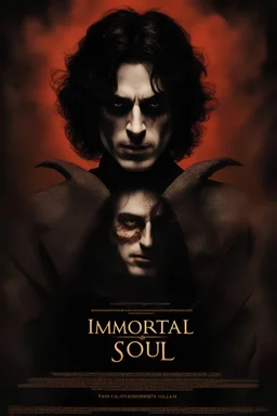 Movie Poster -- "Immortal Soul," Starring Paul Stanley as the evil vampire and Timothee Chalamet as Malcolm Stark - After witnessing the murder of his wife, at the hands of an evil vampire, he vows to avenge her death - in the art style of Boris Vallejo, Frank Frazetta, Julie bell, Caravaggio, Rembrandt, Michelangelo, Picasso, Gilbert Stuart, Gerald Brom, Thomas Kinkade, Neal Adams, Jim Lee, Sanjulian, Thomas Kinkade, Jim Lee,