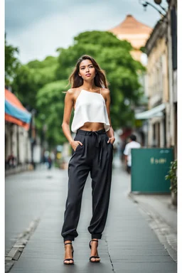 full body shot Young woman, 20 years old, wearing nice pant and top walk in street,looking to camera