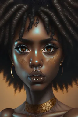 black woman with big eyes, afro texture hair, chocolate brown skin, 4 k textures, facial piercings, tattoos, wearing a black and gold bikini, dslr, artgerm
