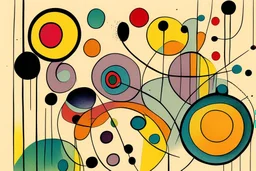 abstract in the style of Paul Klee with circles of colour and sketchy thin inky lines.