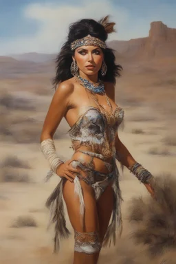 head to waist - native American Indian sports illustrated swimsuit model - Joan Collins - craggy desert wasteland background, 32k, UHD, Hyper-realistic oil painting by Gerald Brom