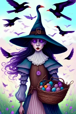 Friendly witch, playing with crows, perfect eyes, pastel colour, chalk, style Elisabeth Kreitz