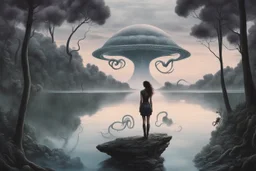 A skinny woman with a Cleopatra hairstyle, short skirt, and knee-high boots, looking out over a lake, in an alien forest, with tall cloud trees, flying Portuguese men of war with octopus tentacles