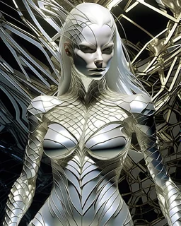 A mesmerizing fusion of intimate abstraction and surreal futurism, depicting a striking female albino figure adorned in a breathtaking silver chrome-scaled suit. The intricate structure of the suit echoes the hyper-fractal nature of a coherent hyper-position lattice, creating a dynamic interplay of light and form that seems almost otherworldly. Her presence is both mysterious and seductive, yet tinged with an innocent vulnerability, as she gazes outward with an expression of deep longing. Ether