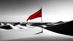 An abstract photo by Malevich and Kuniyoshi of a black and white desert landscape with a minimalist red pirate flag.