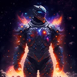A battle suit made of lava and stars and galaxies for the god of galaxies