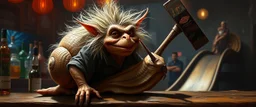 hårete gremlin snegle bartender med vind i håret på fest med stor slegge aker ned sklie malt av Rembrandt