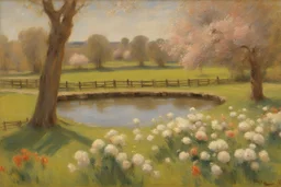 amazing sunny spring day, trees, flowers, fence, little pond, philip wilson steer impressionism painting