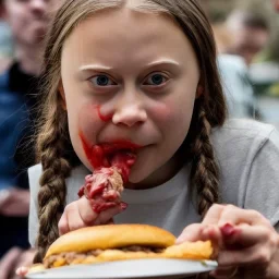 Greta Thunberg eating human meat burger oozing with grease.full body, fantasy setting, real photo, soft lighting, blood dripping from face