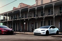 A Tesla 'Model Y' is parked, on the streets of New Orleans. (CINEMATIC, WIDE ANGLE LENS, PHOTO REAL)