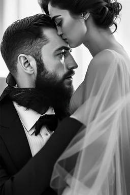 The cover features a stunning, hyper-realistic photograph with a sharp focus on the detailed attire of the mafia boss—a tailored suit exuding power and sophistication. Beside him stands the beautiful girl, her gradient lips and rosy cheeks captured in exquisite hyper-realism, their expressions evoking emotions of passion and depth. The white background accentuates the characters' striking appearances and the fine details of their outfits, creating an aesthetic contrast.