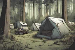 campsite, tents, overgrown, post-apocalyptic, comic book, forest