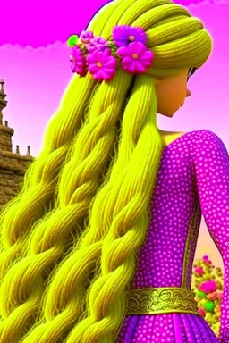 Princess Rapunzel's hair is braided and decorated with beautiful and charming pink flowers in very calm colors