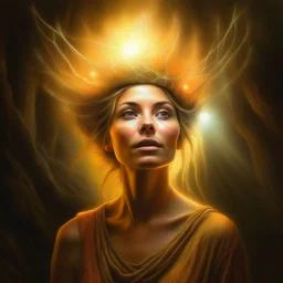 oil painting, portrait of brown hippie pixie hovering in the underground grove sparkling light star dust, in the style of dali, 8k, down-light, soft light, depth of field, photo realism, trending on art station, high detail, smoke and fog