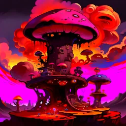 A fantabulous black, orange, and pink (((mushroom tower house))) erected atop a (geologic pillar), surrounded by the uncanny imaginative ((( swirling skies))), offset by the stark hues of a (neon-tinged nebulous space scape), within. captured by the hand a skilled master painter with a focus on (softly blurred compositions and voluminous lighting).