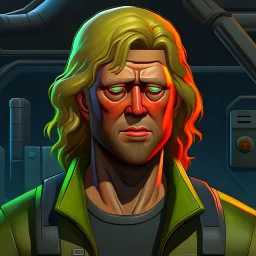 The submarine mechanic Blicke Blocknyckel, a blonde man with a mullet and muttonchops beard realistic grimdark