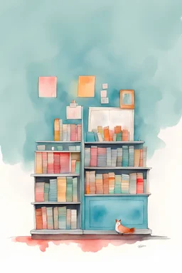 An art piece inspired by the book \'kids book store\' by Oliver Jeffers. Use Oliver Jeffers style with colorfull style, minimal solace, watercolor, pastel.
