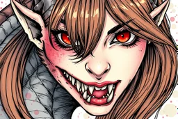 a close-up headshot of a woman with long brown hair, red eyes, sharp teeth, scales, pointed ears, beautiful monster, intricately detailed, colored sketchy manga style, splotchy watercolor background